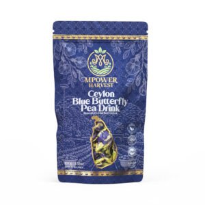 MPower Harvest Ceylon Blue Butterfly Pea Herbal Drink 100g — deep indigo dried butterfly pea petals in packaging, sourced from Sri Lanka